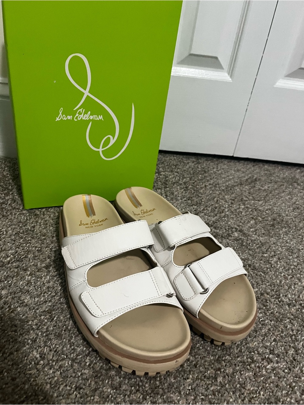 Sam Edelman White Leather Double-Strap Platform Slide Sandals